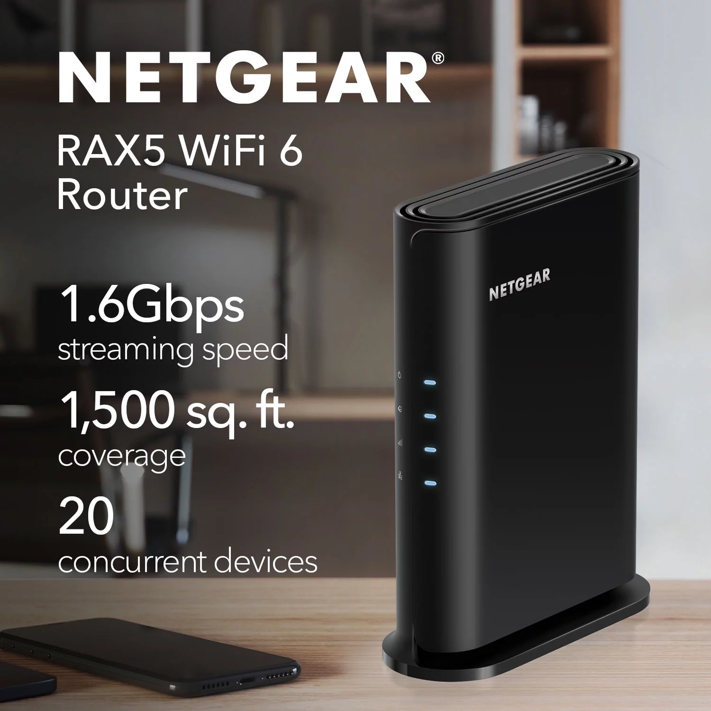 '- Dual-Band 4-Stream AX1600 Wifi 6 Router, 1.6 Gbps (RAX5) image 1